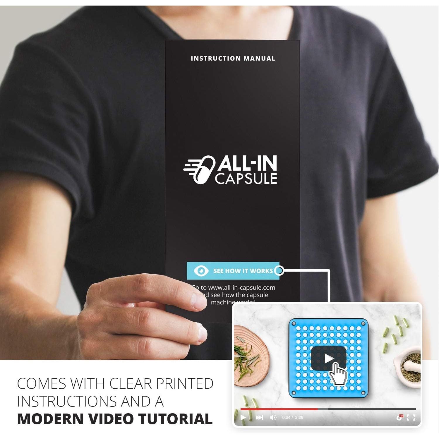 ALL-IN Capsule Filling Machine for Size 00 - Make Your Own Capsules Now Easier and Faster - Use with Empty Gelatin or Vegetarian Caps - Clear Illustrated Instructions with Video