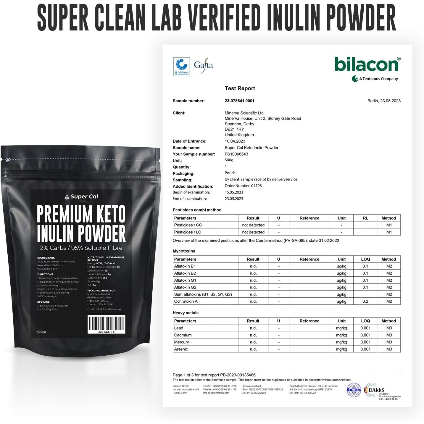 Super Cal Keto Inulin Powder 200G | 95% Fibre / 2% Carbs | Lab Tested Soluble Fibre Supplement | Great Sleep Supplement + Aids Gut Health | Pure Chicory Prebiotics Fiber - EU Sourced