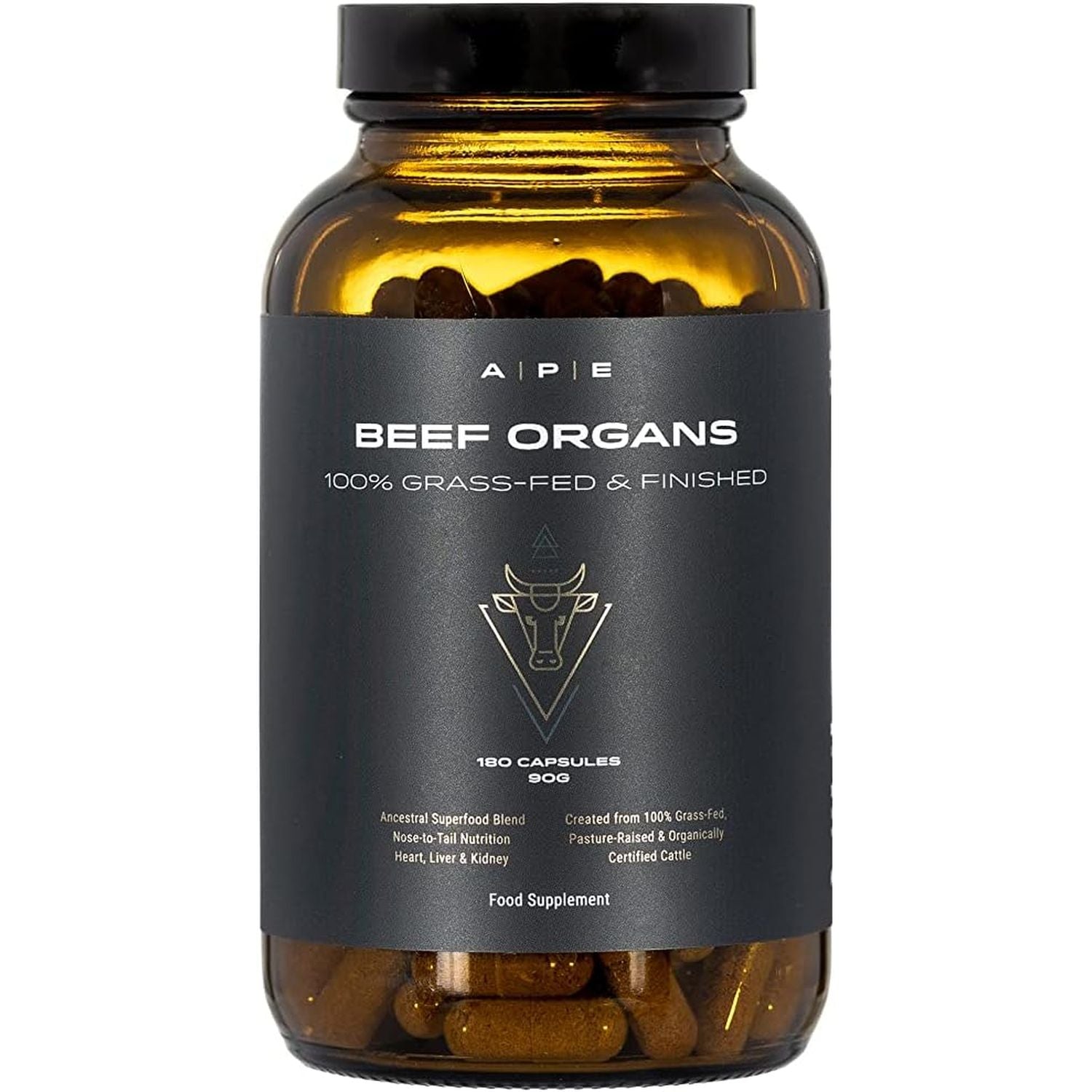 APE Nutrition Beef Organs Grass Fed - Liver Kidney Heart Organ Capsules, Ancestral Supplement UK, Nose to Tail, 100% Grass Fed & Finished, No Antibiotics Hormones or Gmos, 180 500Mg Capsules