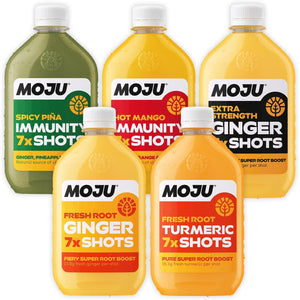 MOJU Variety Dosing Bottles (5 X 420Ml) Ginger, Turmeric, Spicy Piña, Hot Mango and Extra Strength Ginger Shots, Your Plant Powered Morning Wake Up, No Added Sugars, Vegan