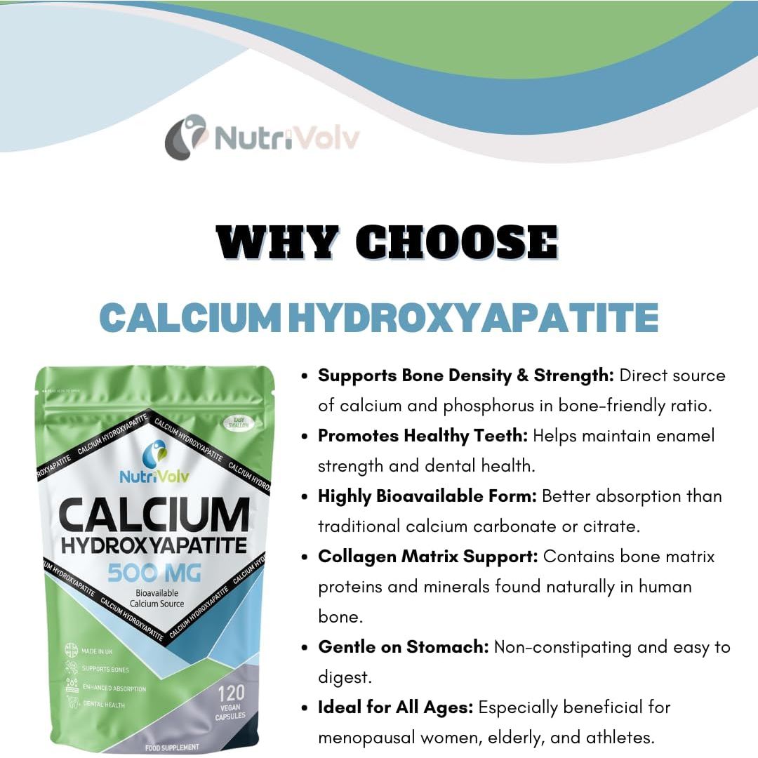 Calcium Hydroxyapatite | 120 Capsules | MCHA - Microcrystalline Hydroxyapatite | Healthy Bones & Teeth | 500Mg Elemental Calcium per 2 Capsule Dose | Most Bioavailable Form | by Nutrivolv