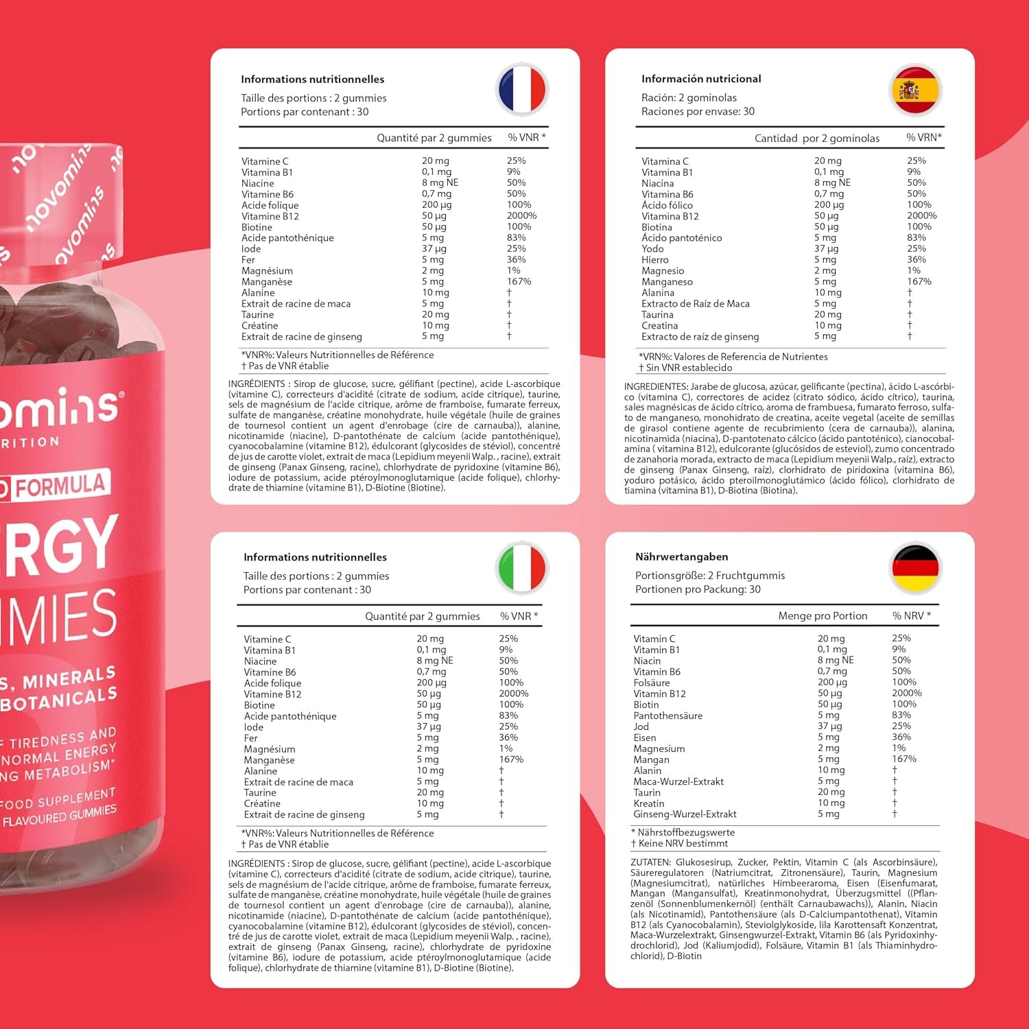 Energy Gummies - High Strength Alternative to Running Gels, Energy Tablets, & Energy Gels for Running - Caffeine Free Supplements - for Running, Cycling, Studying - Novomins