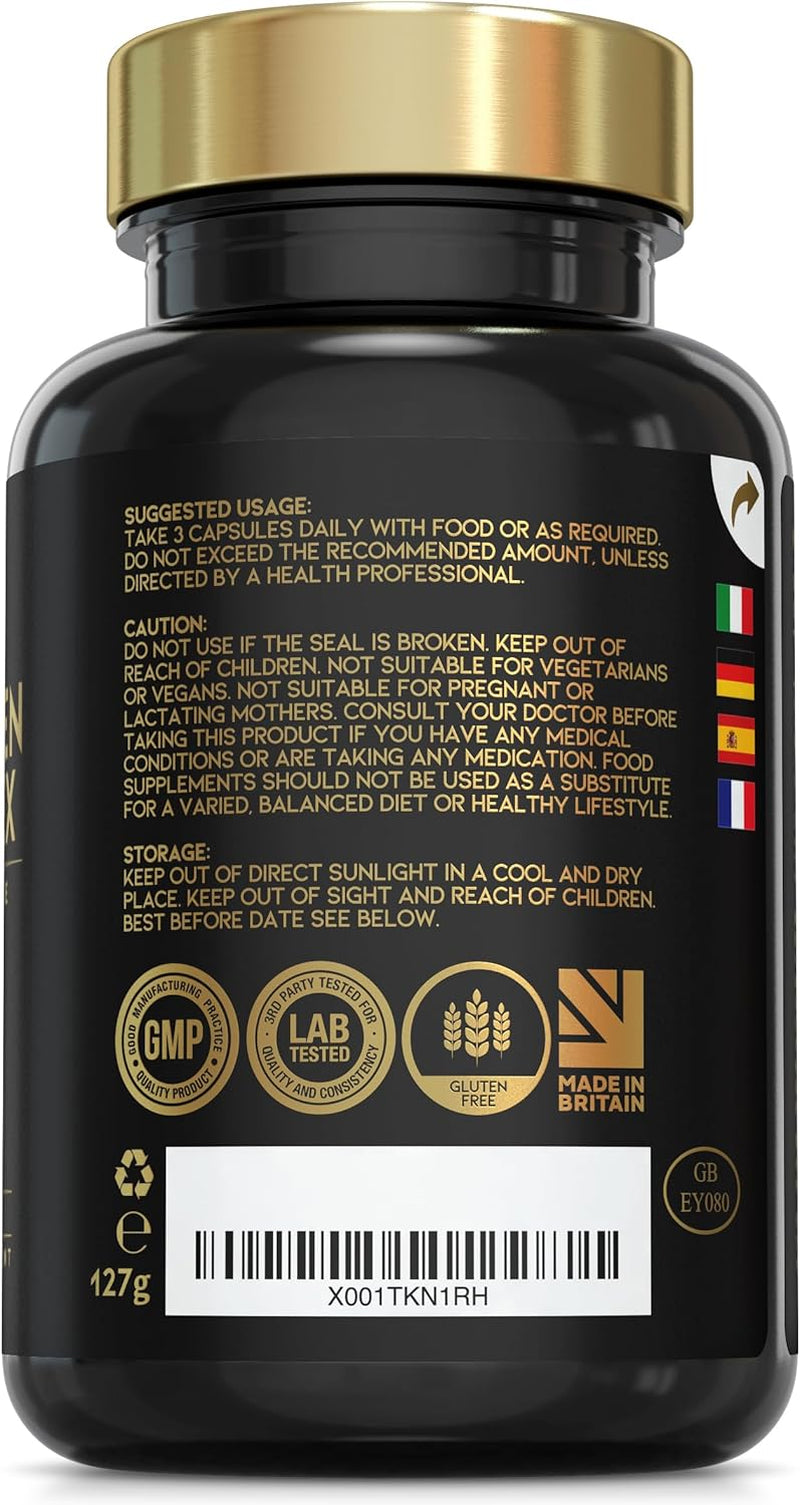 Advanced Collagen Complex | Made in the UK | Hydrolysed Collagen Supplements for Women & Men Enhanced with High Absorption Hair Skin and Nails Vitamins A, C & E | 180 Capsules
