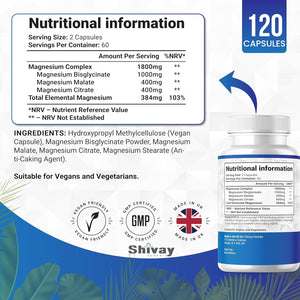 Magnesium Glycinate 3 in 1 Complex | 1800Mg per Serving - 384Mg Elemental Mg | High Strength Magnesium Bisglycinate, Malate, Citrate | 120 Vegan Capsules | Made in the UK by Shivay Herbals