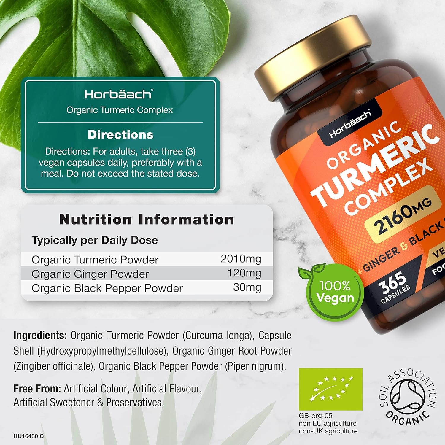 Organic Turmeric and Black Pepper 2160Mg | with Added Ginger | High Strength Curcumin Capsules | 365 Vegan Capsules | Easy-To-Swallow Formula | by Horbaach