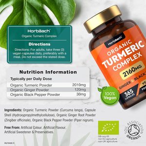 Organic Turmeric and Black Pepper 2160Mg | with Added Ginger | High Strength Curcumin Capsules | 365 Vegan Capsules | Easy-To-Swallow Formula | by Horbaach