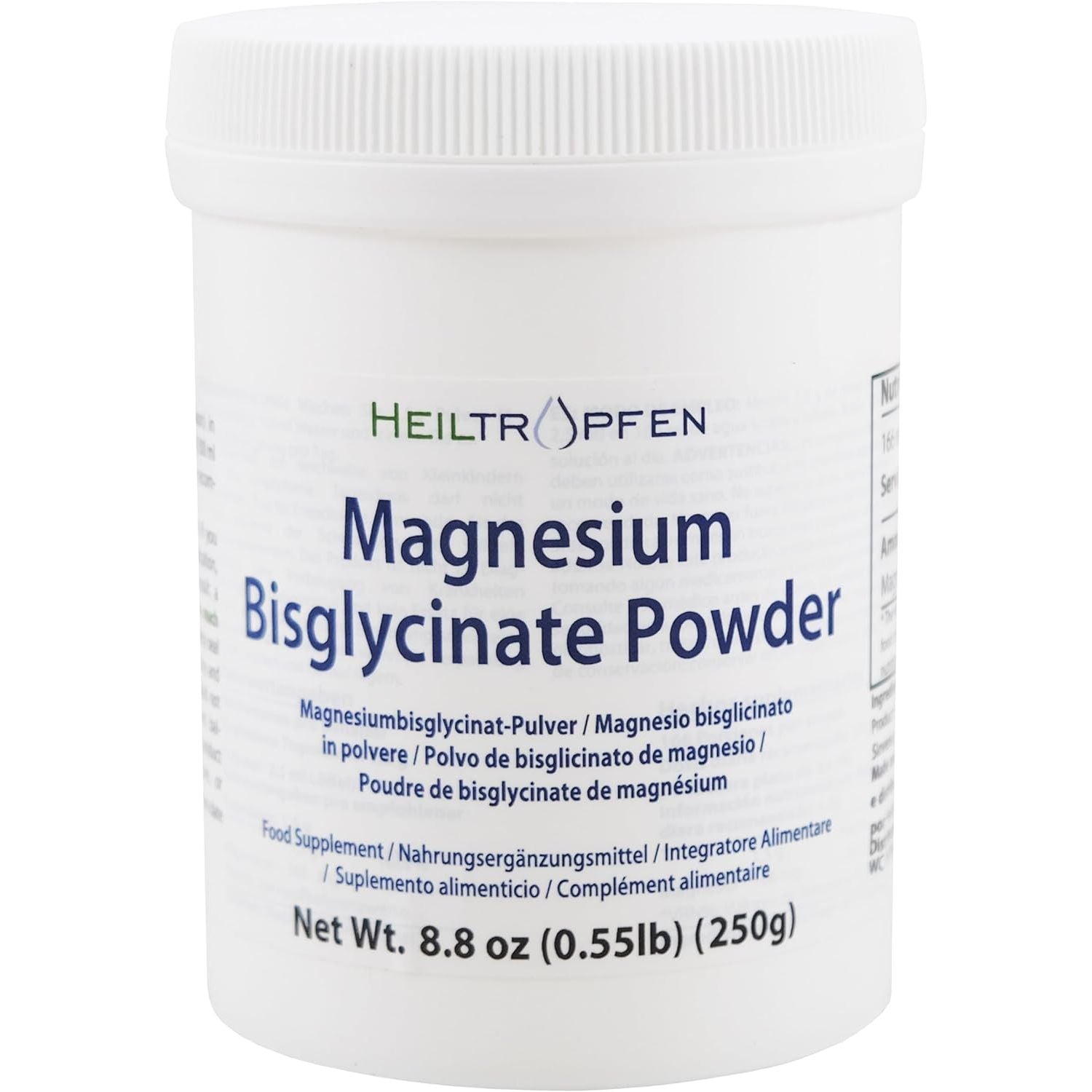 Magnesium Glycinate as Magnesium Bisglycinate | 0.55 Lb – 250 G | Crystal Powder Soluble in Water | Heiltropfen®