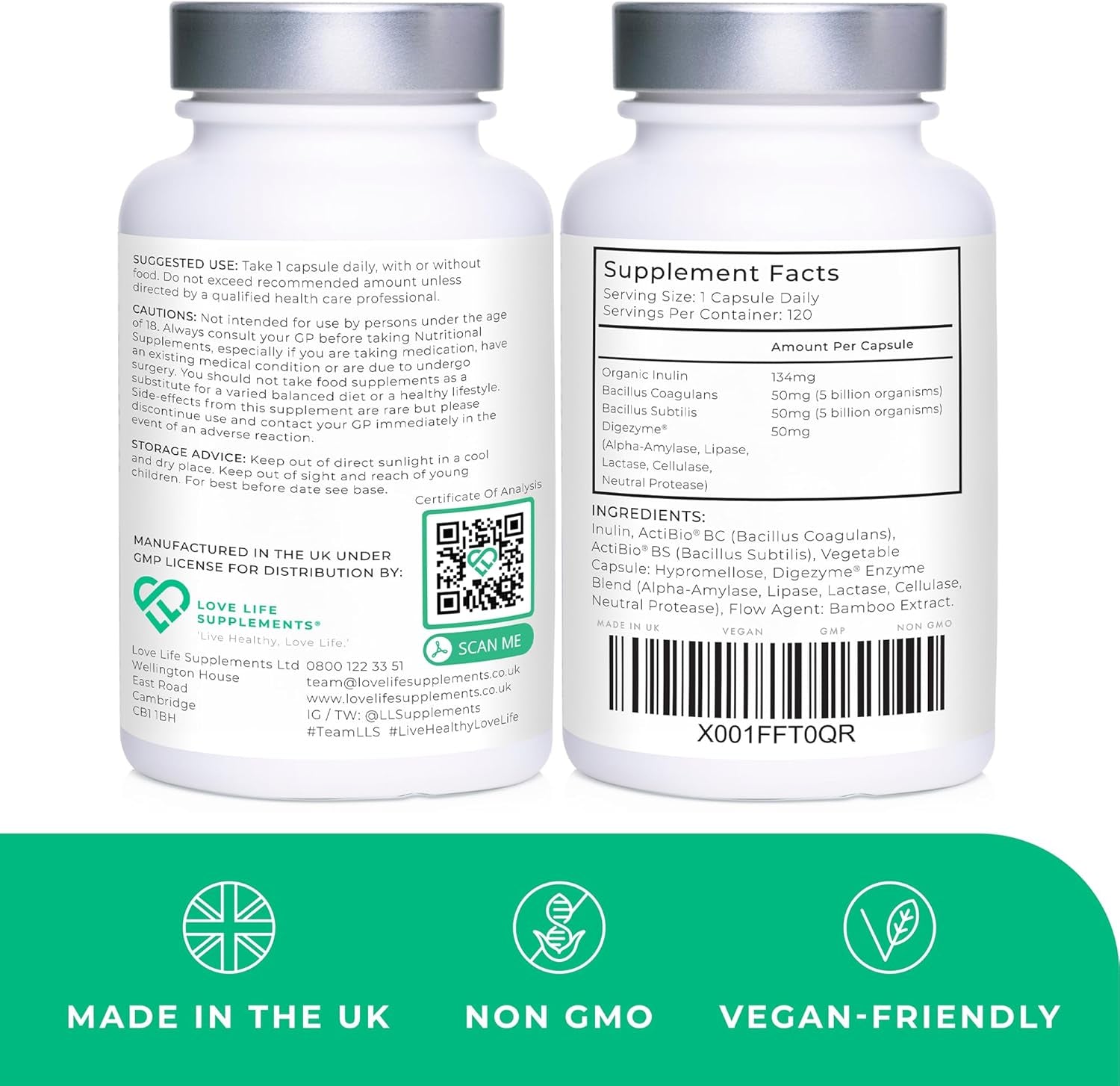 Multispore® plus Probiotics, 4 Month Supply - 120 Capsules, Bacillus Coagulans & Bacillus Subtilis Spore Based Probiotic, Bloating Relief/Gut Health, with Digestive Enzymes & Prebiotic Inulin, UK Made