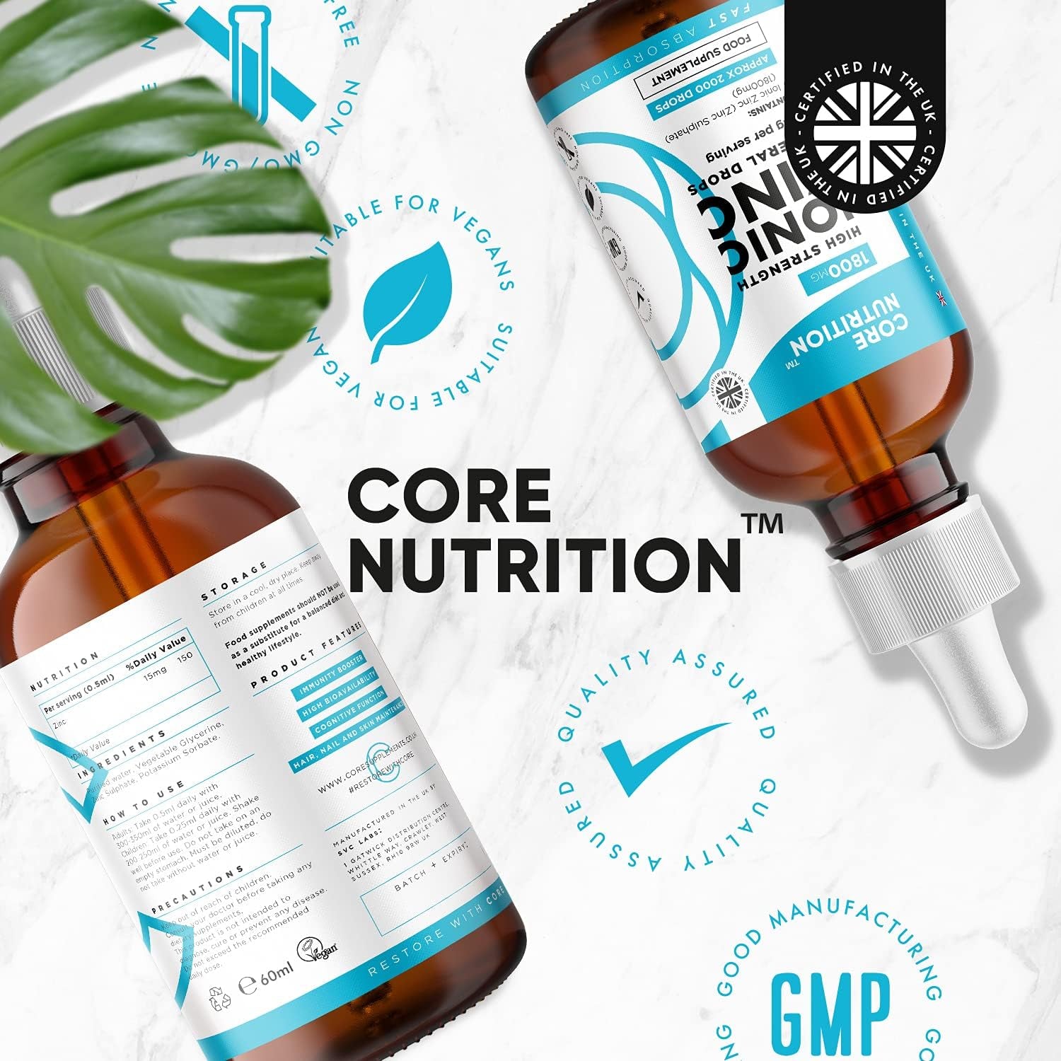 Ionic Zinc Liquid Drops - 60Ml Glass Bottle - 120 Servings - High Strength 15Mg - Supports Metabolism & Healthy Immune System - Made by Core Nutrition