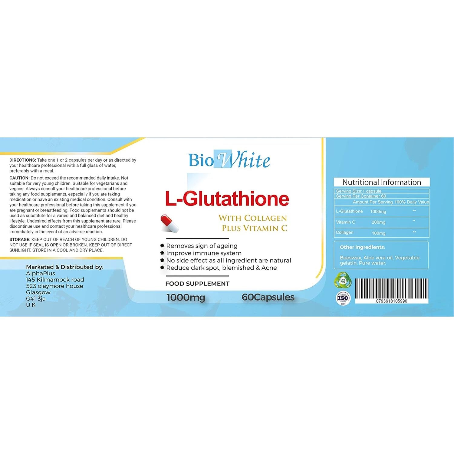Bio White Glutathione Supplement - Natural Skin Whitening Anti-Aging Benefits and Improves Immunity, L-Glutathione Pills for Men & Women - Pure Antioxidant, 60 Capsules (1000Mg)