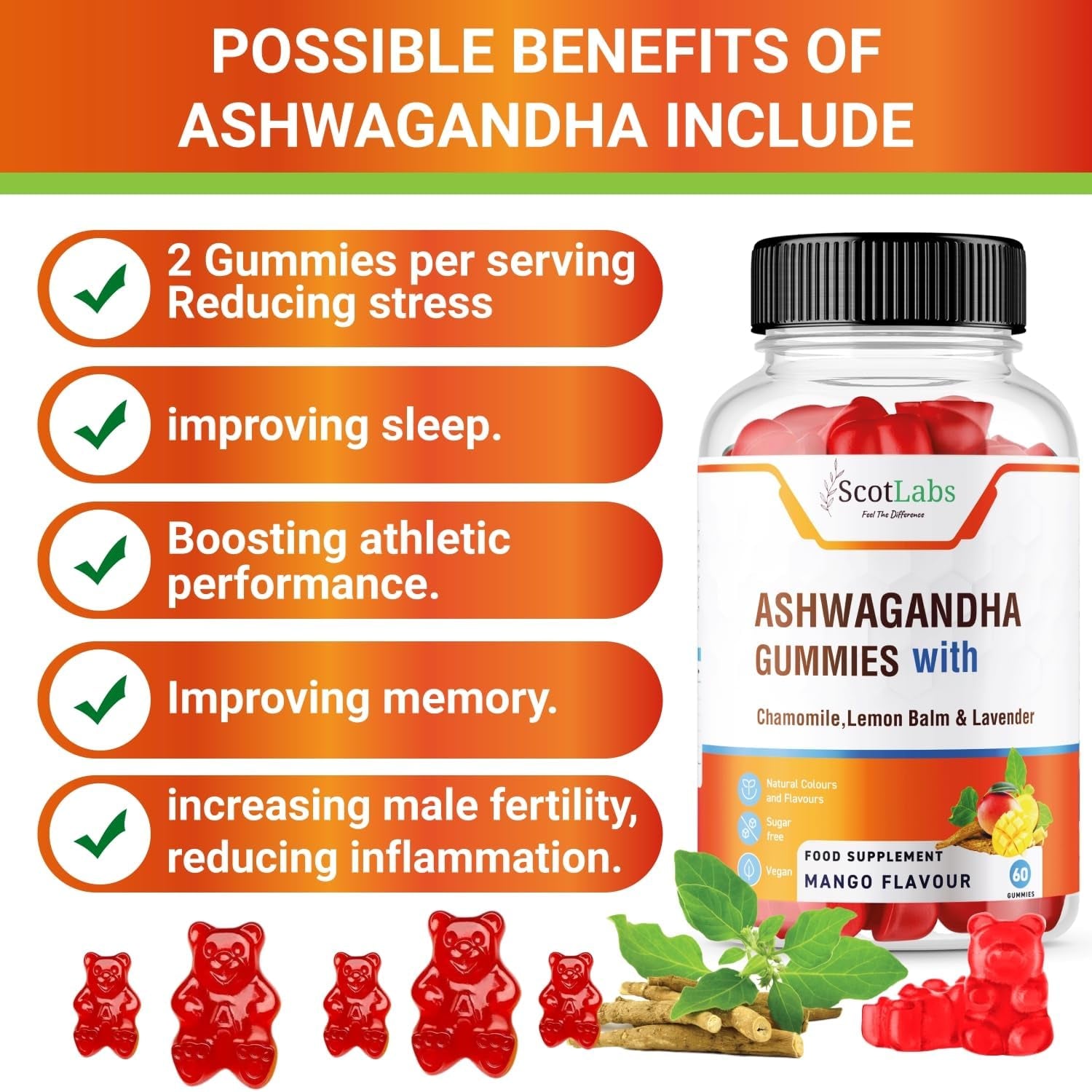 Scotlabs Reduce Stress Formula - Ashwagandha, Levander, Chamomile & Lemon Balm Gummies with Added Vitamin B6, Sugar-Free Vegan, Natural Mango Flavour Candy