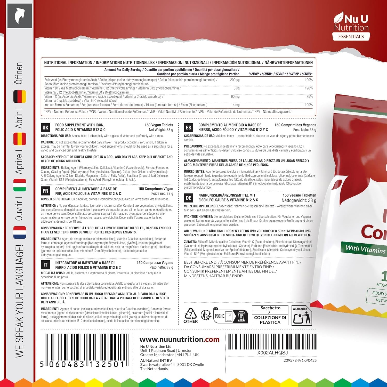 Iron Supplement - 150 Vegan Tablets - Complex with Vitamin C, B12 and Folic Acid - High Strength Ferrous Fumarate 14Mg per Tablet - Energy Support for Women & Men - Made in the UK - Nu U Nutrition