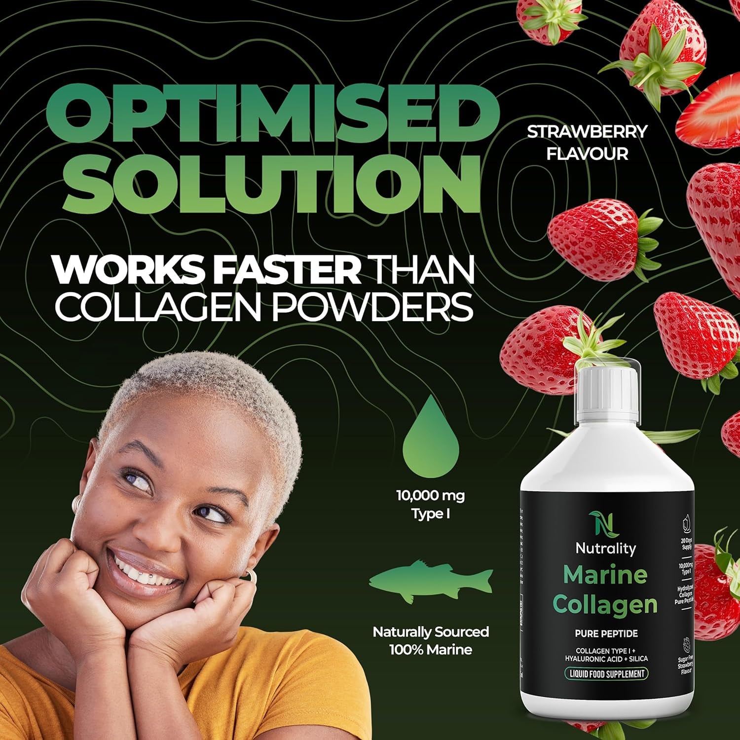 Nutrality High Strength 10,000Mg Marine Collagen for Skin, Hair, Nails and Joints | Hydrolysed Collagen Pure Peptides Drink Infused Hyaluronic Acid | Vitamin C, D and Biotin, Sugar Free Strawberry