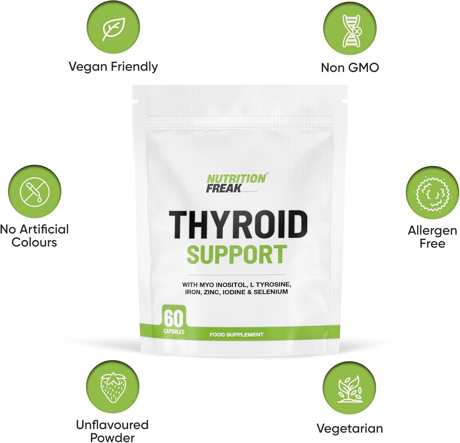Thyroid Support Supplement - 60 Capsules - Includes Myo Inositol, L-Tyrosine, Iron, Magnesium, Zinc, Manganese, Selenium, Vitamin B12 - Contributes to the Reduction of Tiredness & Fatigue
