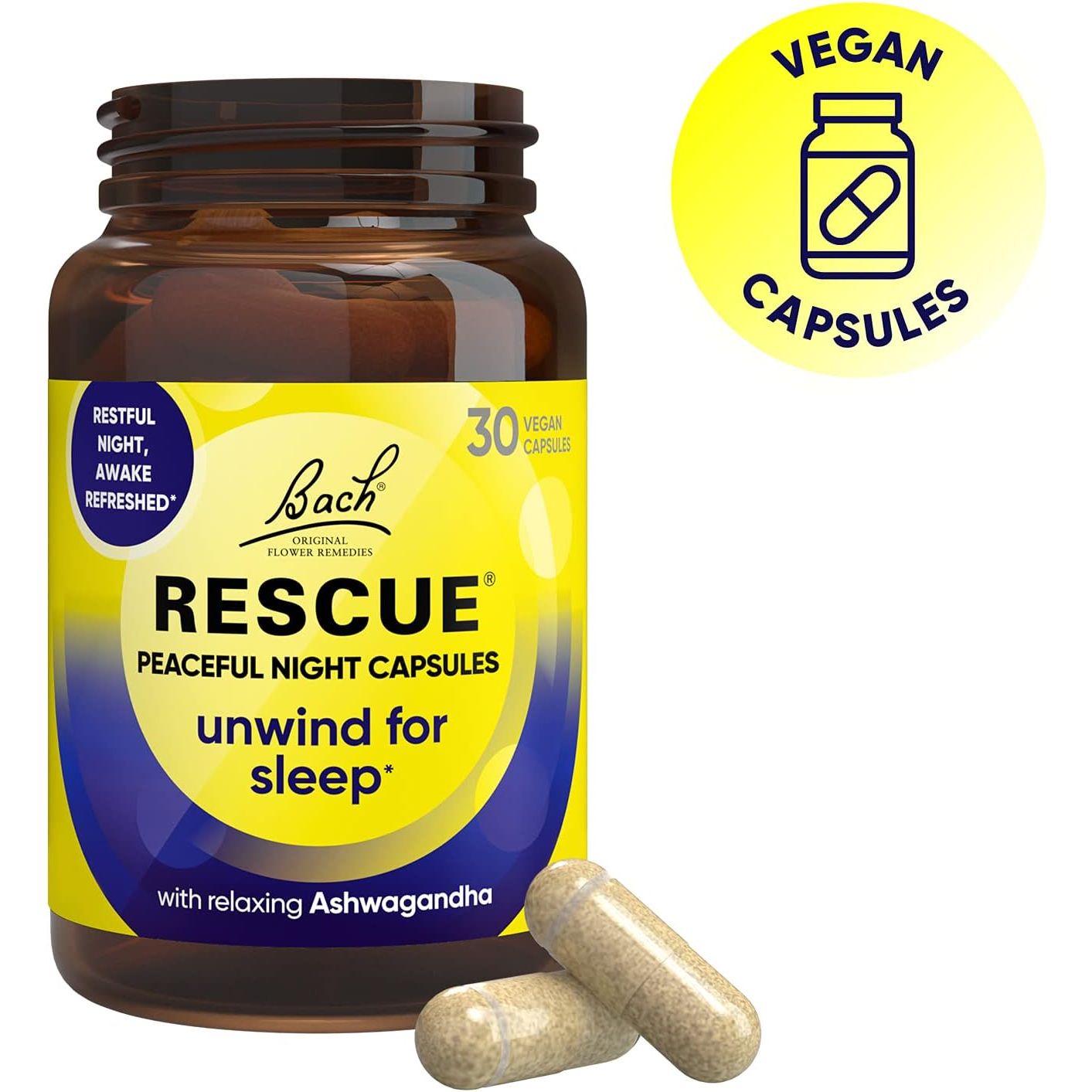 Rescue Peaceful Night Capsules with Ashwagandha KSM 66 and Magnesium, Unwind for Sleep, Flower Essence Night Support with Ashwagandha, Magnesium, Chamomile Vitamin B6, 30 Vegan Capsules