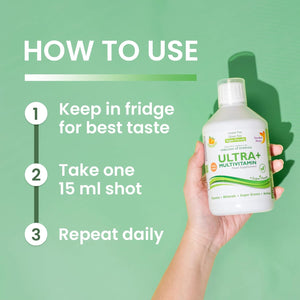 Swedish Nutra - Ultra+ Multivitamin Liquid Food Supplement - Pack of 500 Ml, 33 Day Supply | Packed with Vitamins, Minerals, Super Greens & Aminos to Boost Energy & Immunity I Natural Orange Flavour