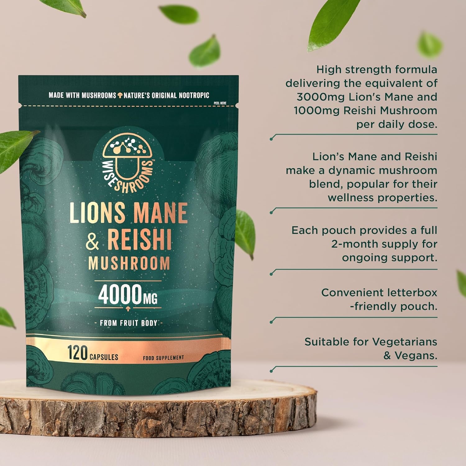 Lions Mane Supplement 4000Mg with Reishi Mushroom | Lions Mane Capsules High Strength | 120 Powder Capsules | Vegan | Wiseshrooms