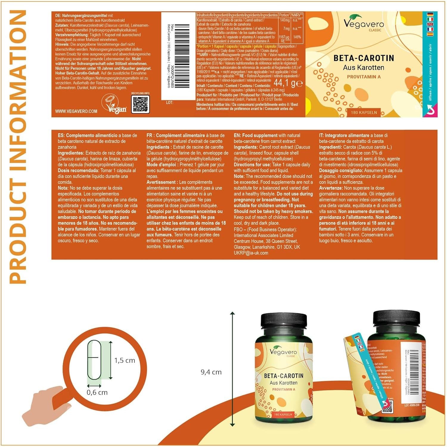 Vegavero Beta Carotene | 180 Capsules | Tan Accelerator | 100% Natural Source of Vitamin a | NO Additives, Lab-Tested | Vegan