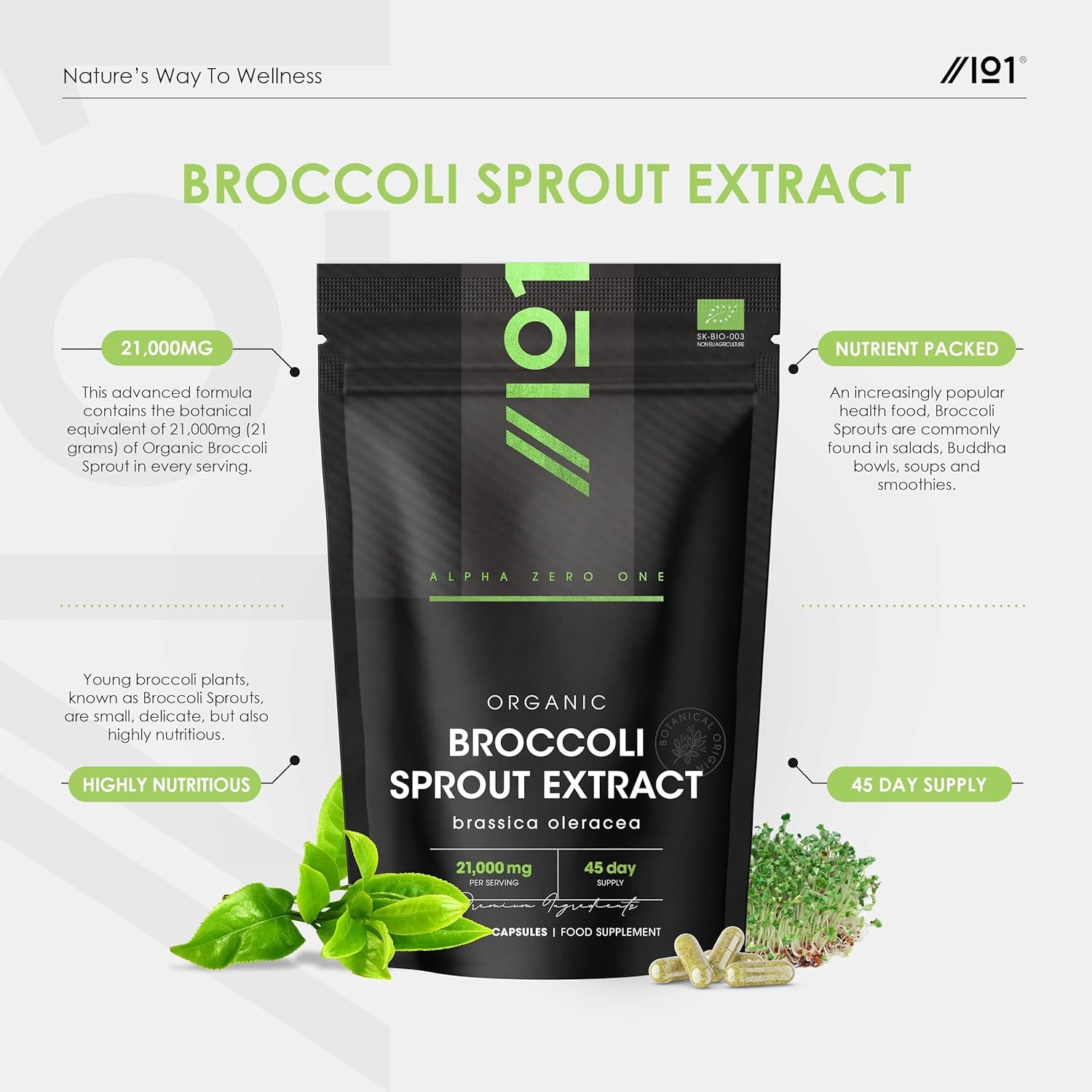 Organic Broccoli Sprout Extract 21,000Mg - 90 Vegan Capsules - High Strength 15:1 Brassica Oleracea Supplement Extract - Resealable and Recyclable Pouch - by Alpha01