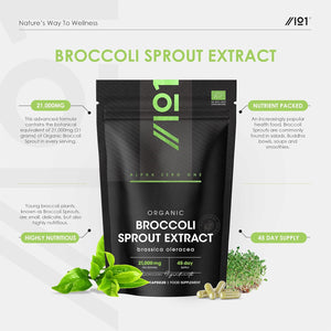Organic Broccoli Sprout Extract 21,000Mg - 90 Vegan Capsules - High Strength 15:1 Brassica Oleracea Supplement Extract - Resealable and Recyclable Pouch - by Alpha01