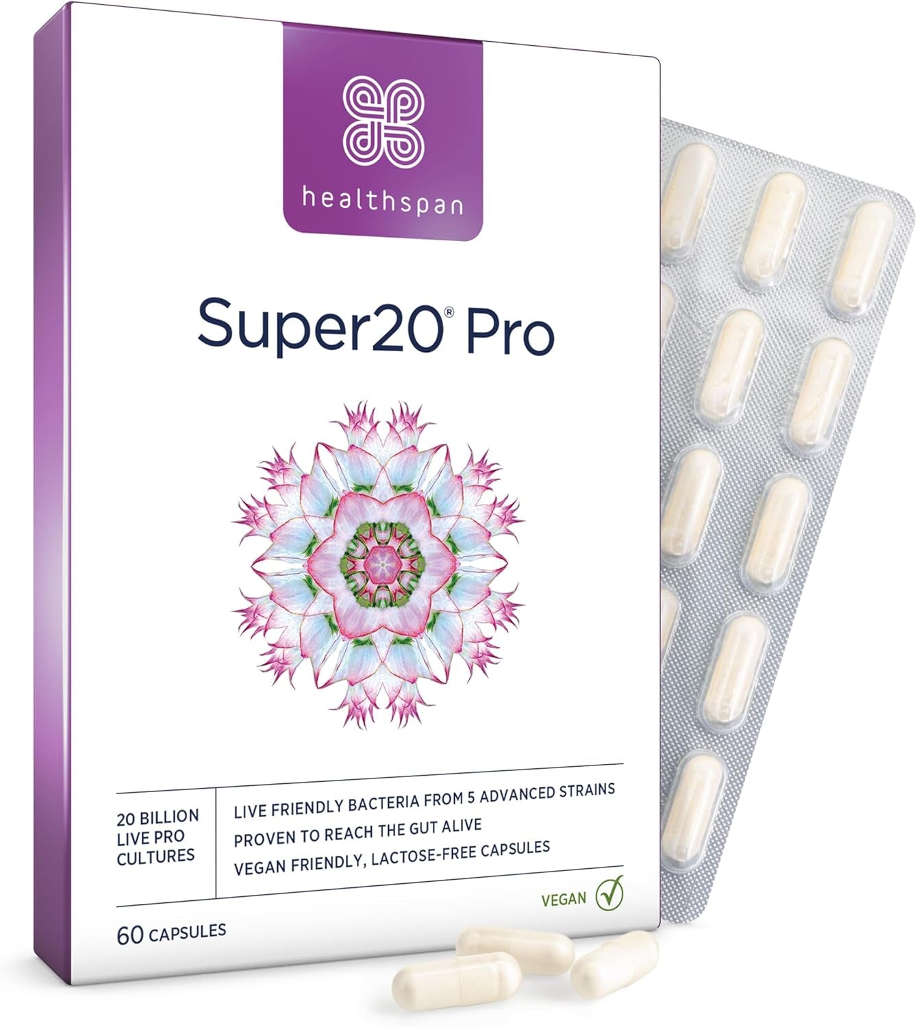 Healthspan Super20 Pro Supports a Healthy Gut (60 Capsuels) | Probiotic with 20 Billion Live Friendly Bacteria | from Five of the Best Strains | Promotes Friendly Bacteria in Your Gut | Vegan