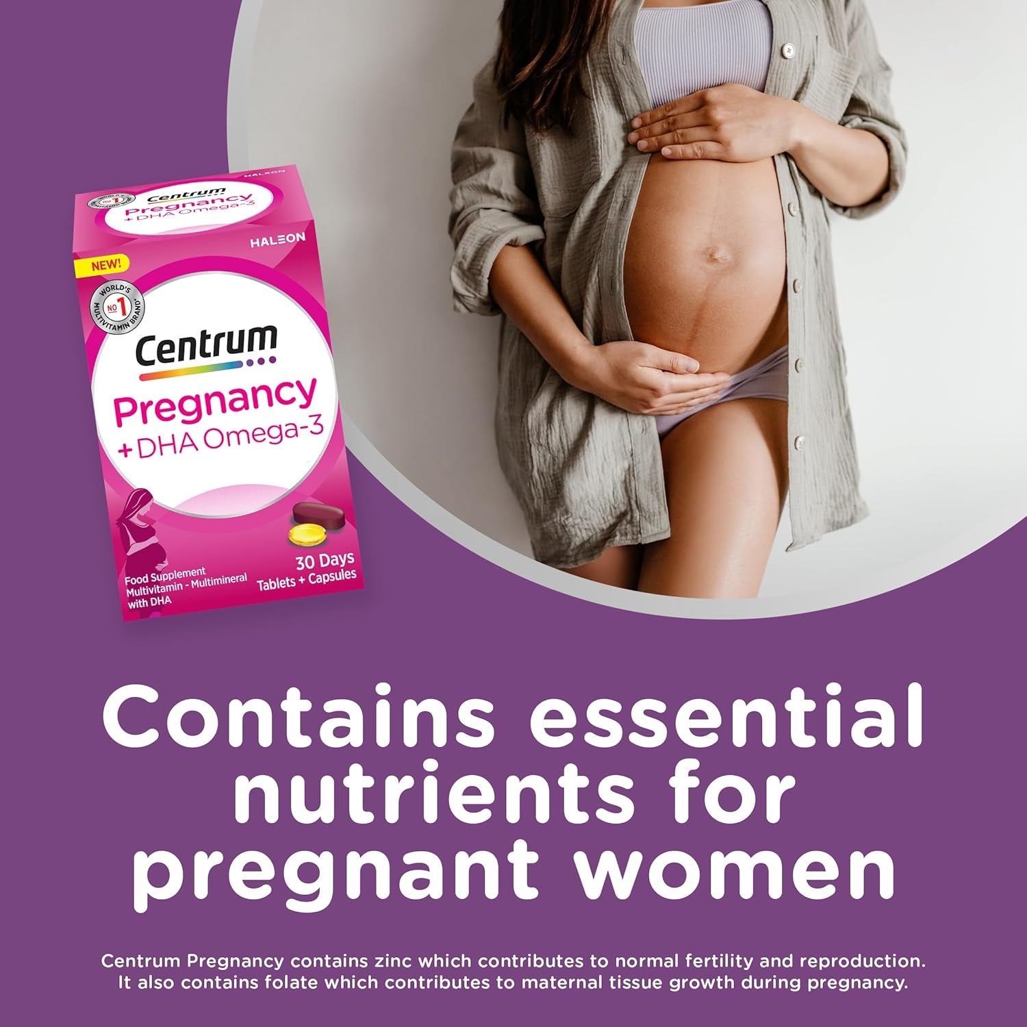 Centrum Pregnancy Vitamins for Women, Pregnancy Vitamins with DHA, Omega 3 and Folic Acid, 60 Count, 30 Day Supply