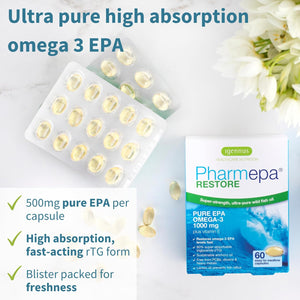 Igennus Pharmepa Restore, Pure EPA 1000Mg, IFOS Certified, Omega-3 Triglyceride Form Fish Oil, Highly Absorbable Rtg Form, 90% Concentration, Wild & Sustainable, Lemon Flavour, 60 Softgels