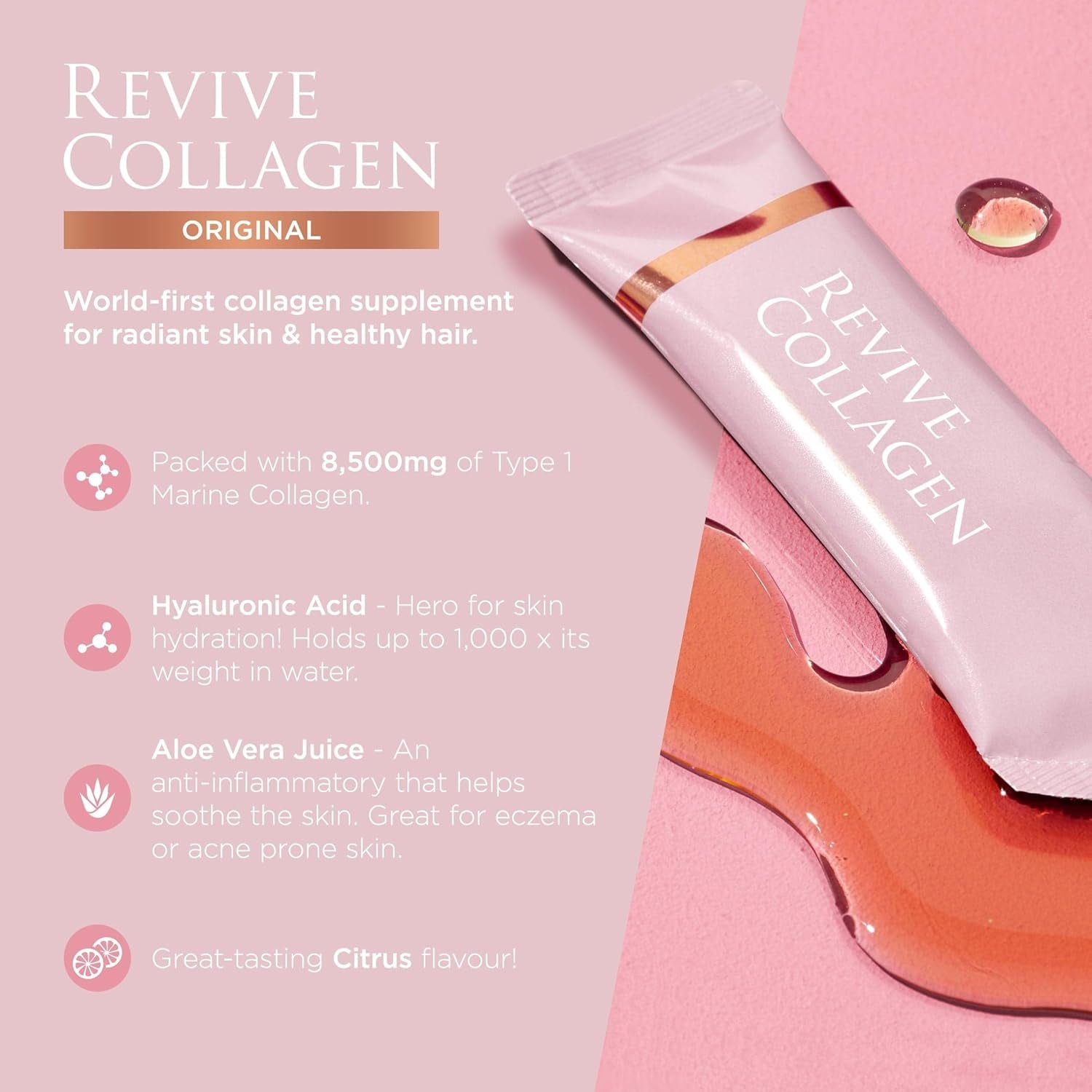 Revive Collagen Premium 8,500Mg Hydrolysed Marine Collagen Drink with Added Hyaluronic Acid & Aloe Vera for Healthy Skin, Hair, Nails & Joints | Lemon & Lime | 28 X Sachets