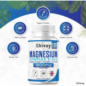 Magnesium Glycinate 3 in 1 Complex | 1800Mg per Serving - 384Mg Elemental Mg | High Strength Magnesium Bisglycinate, Malate, Citrate | 120 Vegan Capsules | Made in the UK by Shivay Herbals