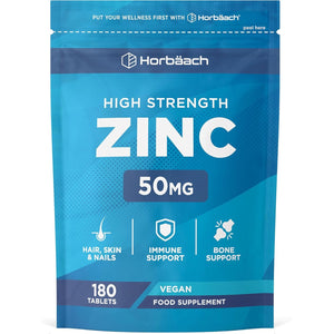 Zinc Supplement 50Mg | High Strength Zinc Tablets - 500% NRV | 180 Vegan Tablets | Immune Support Supplement | by Horbaach