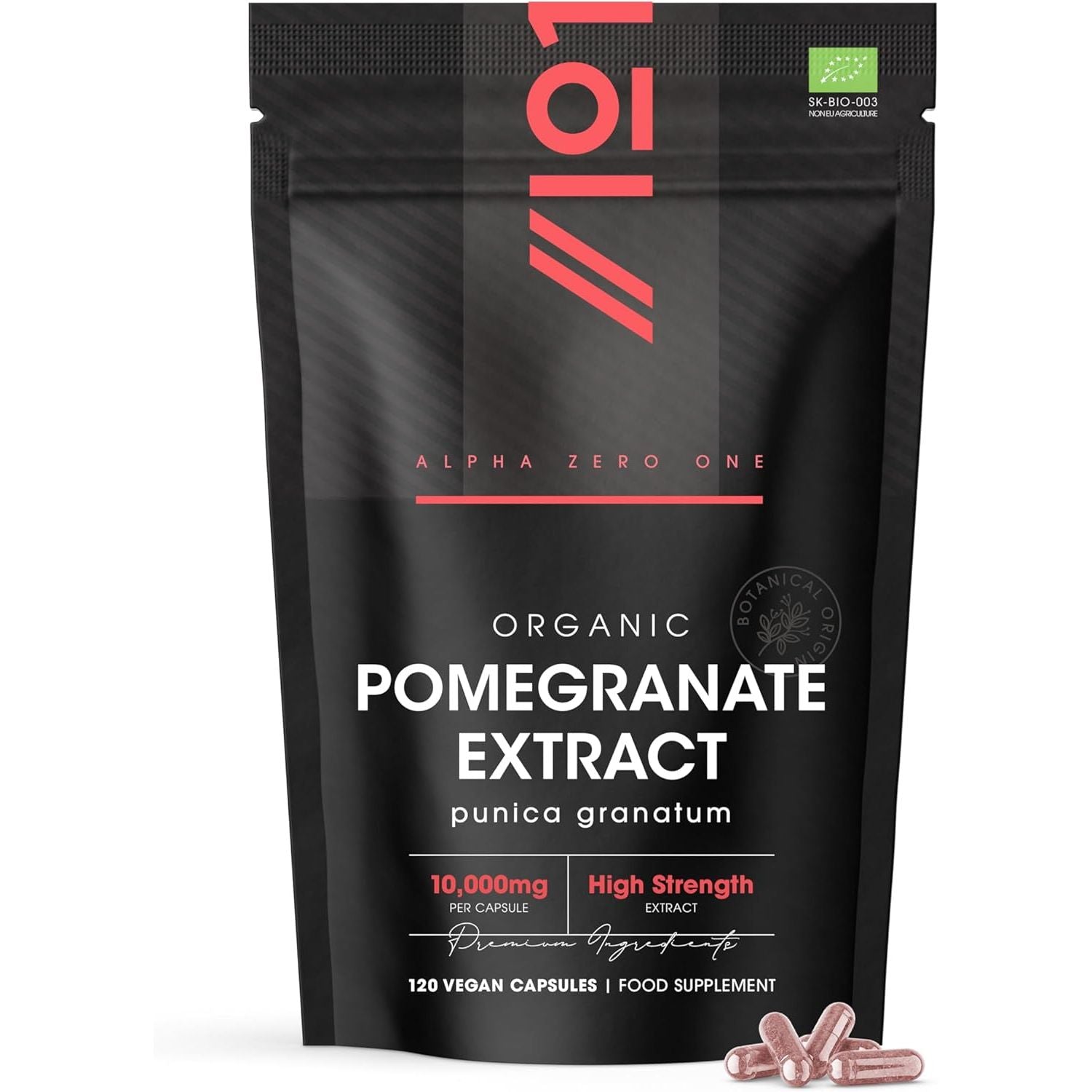 Organic Pomegranate Extract 10,000Mg – 120 Vegan Capsules – High Strength 40:1 Punica Granatum Extract - Resealable and Recyclable Pouch by Alpha01