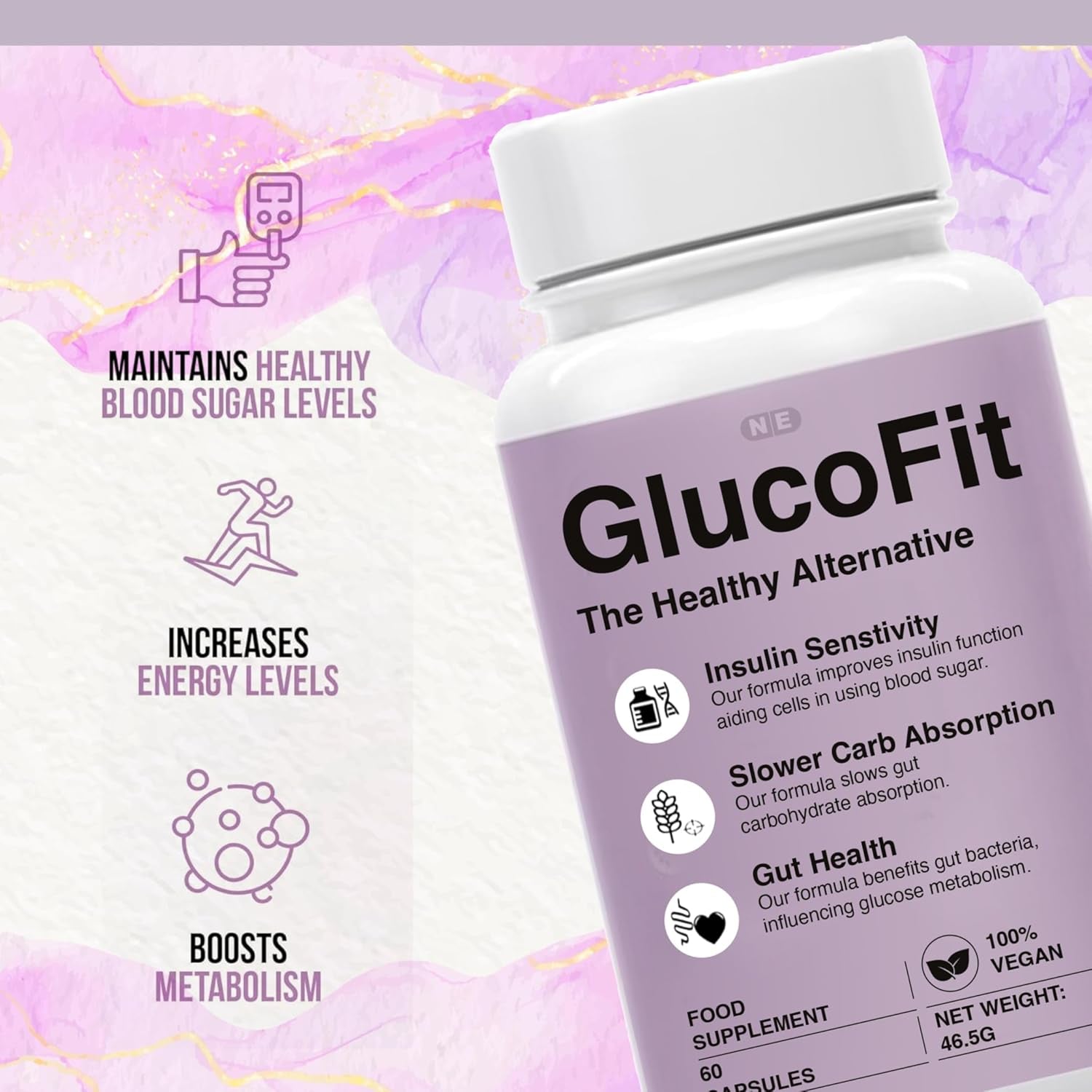 Gluco Fit Supplement, Improves Insulin Function, Slows Carb Absorption, Promotes Gut Health, 60 Vegan Capsules, Weight Management with Added Vitamins'