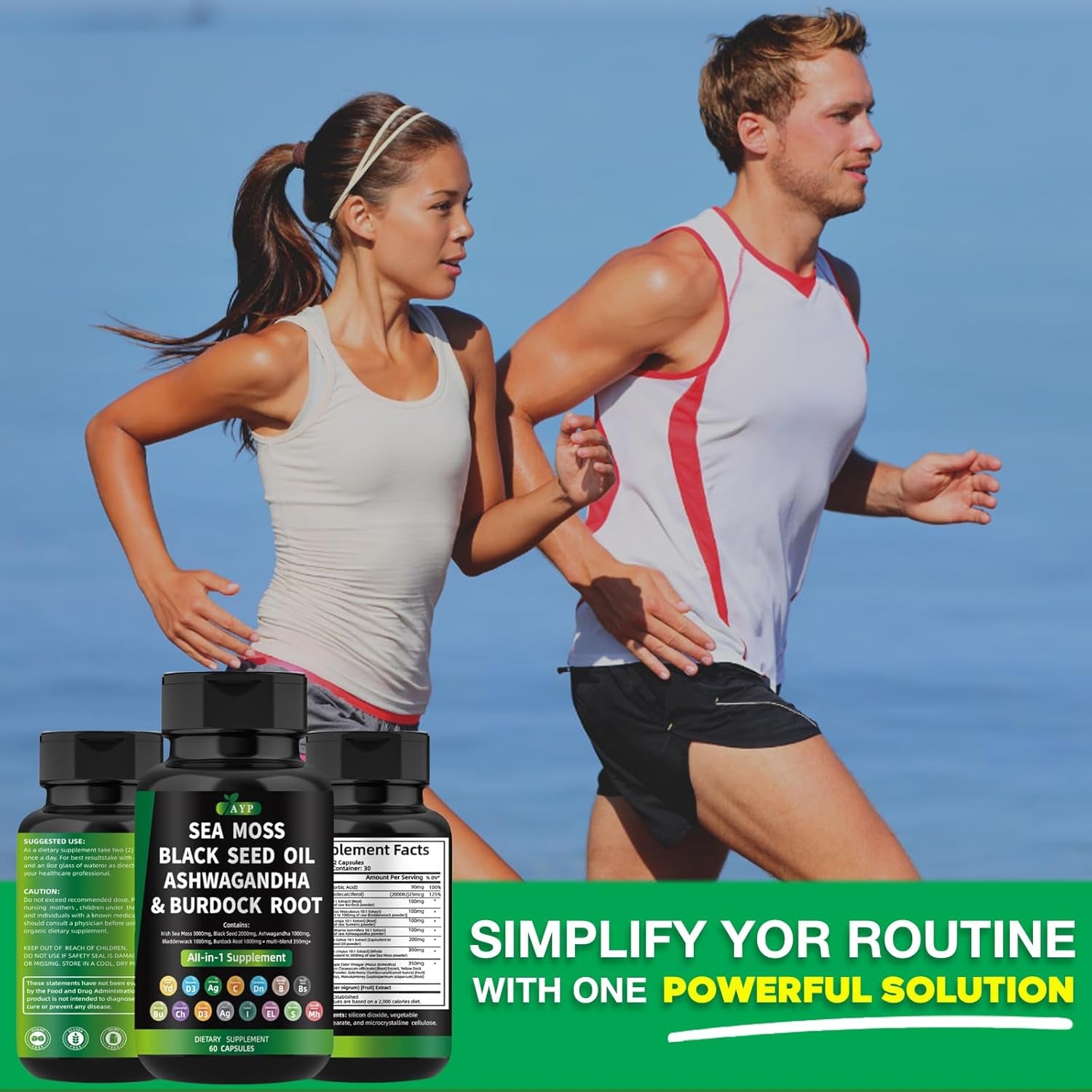 AYP Sea Moss Bladderwrack Black Seed Oil Ashwagandha Burdock Root Capsules Multi Blend Supplement + Multi Vitamin Turmeric Manuka Honey Elderberry Chlorophyll