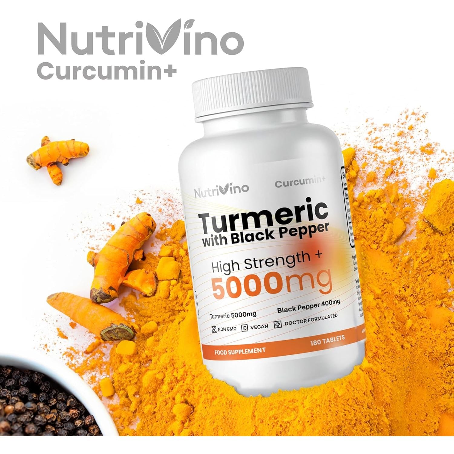 Turmeric Tablets 5000Mg with Black Pepper | 95% Curcumin Extract | 180 Easy to Swallow Tiny Turmeric and Black Pepper Tablets | Vegan & Cruelty-Free | Supplements for Men and Women by Nutrivino