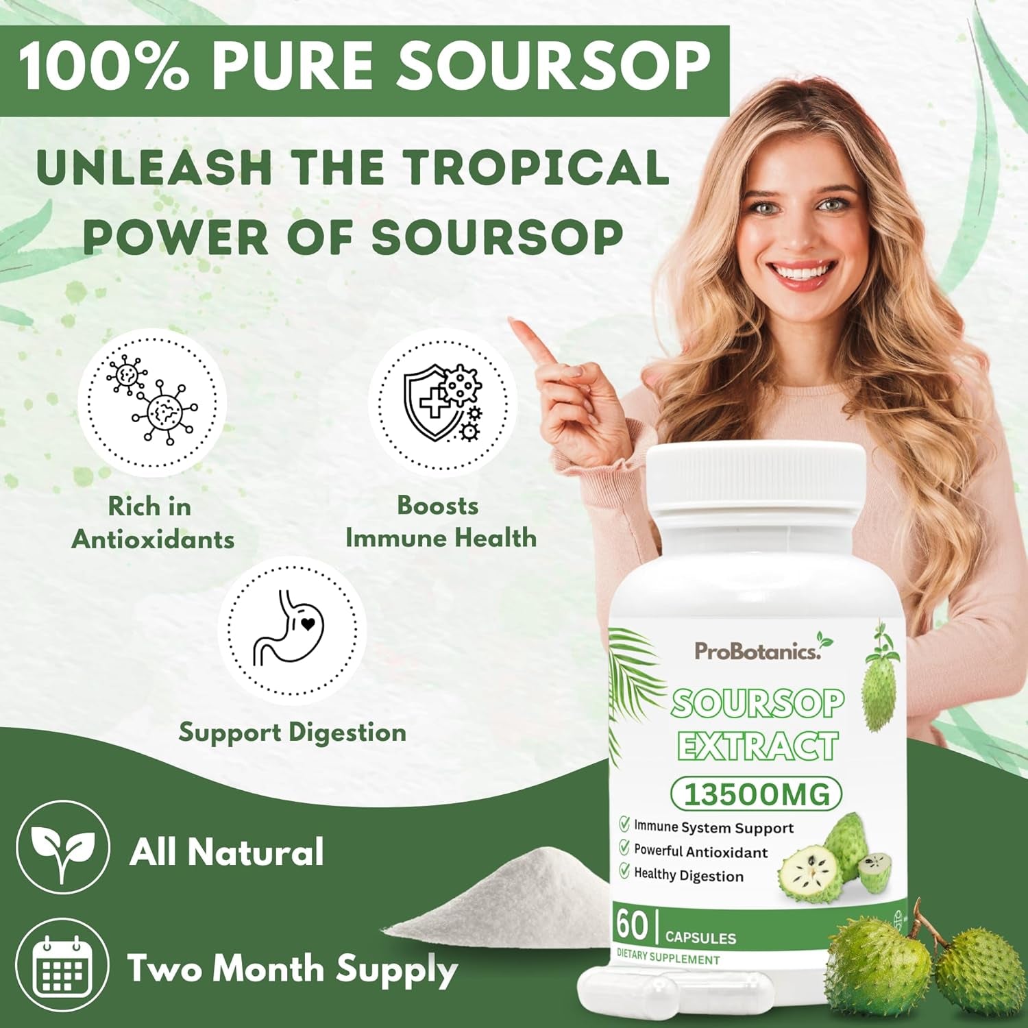 Organic Soursop Capsules | Full Spectrum 13500Mg 30:1 Extract per Serving | Potent Antioxidant & Immune Support - 60 Capsules