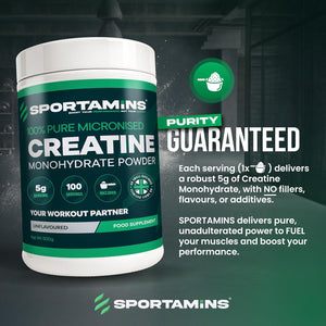 SPORTAMINS Creatine Monohydrate Powder 500G – 100% Pure Micronised Creatine Monohydrate – Unflavoured, 100 Servings – Muscle Growth, Strength & Recovery – Vegan, GMP Certified, Non-Gmo Supplement
