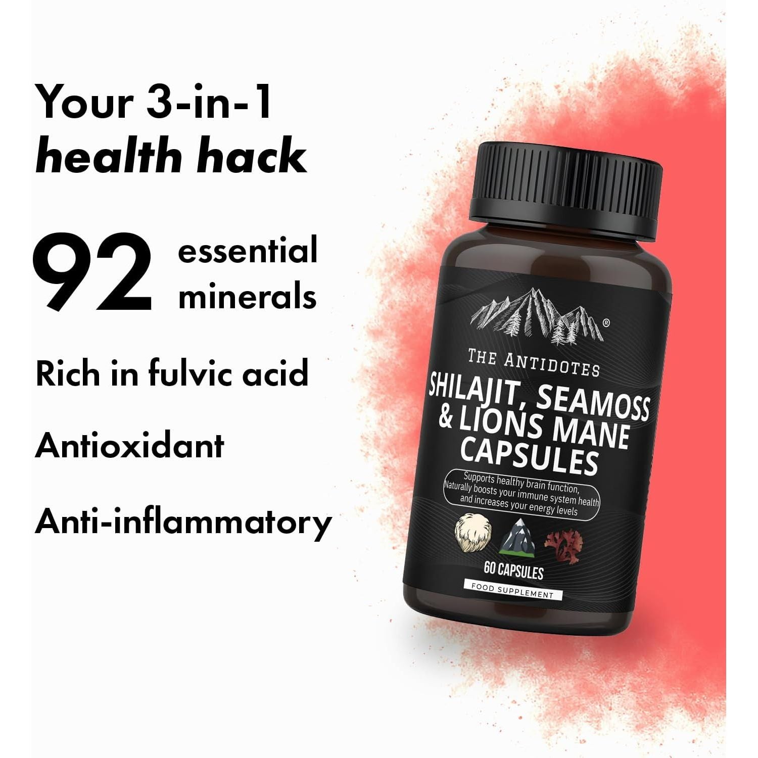The Antidotes Shilajit, Seamoss and Lions Mane Capsules - 60 Vegan Capsules
