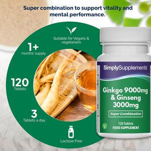 Ginkgo 9,000Mg & Ginseng 3,000Mg | Supports Mental Performance & Helps with Circulation | Vegan & Vegetarian Friendly | 120 Tablets | Manufactured in the UK