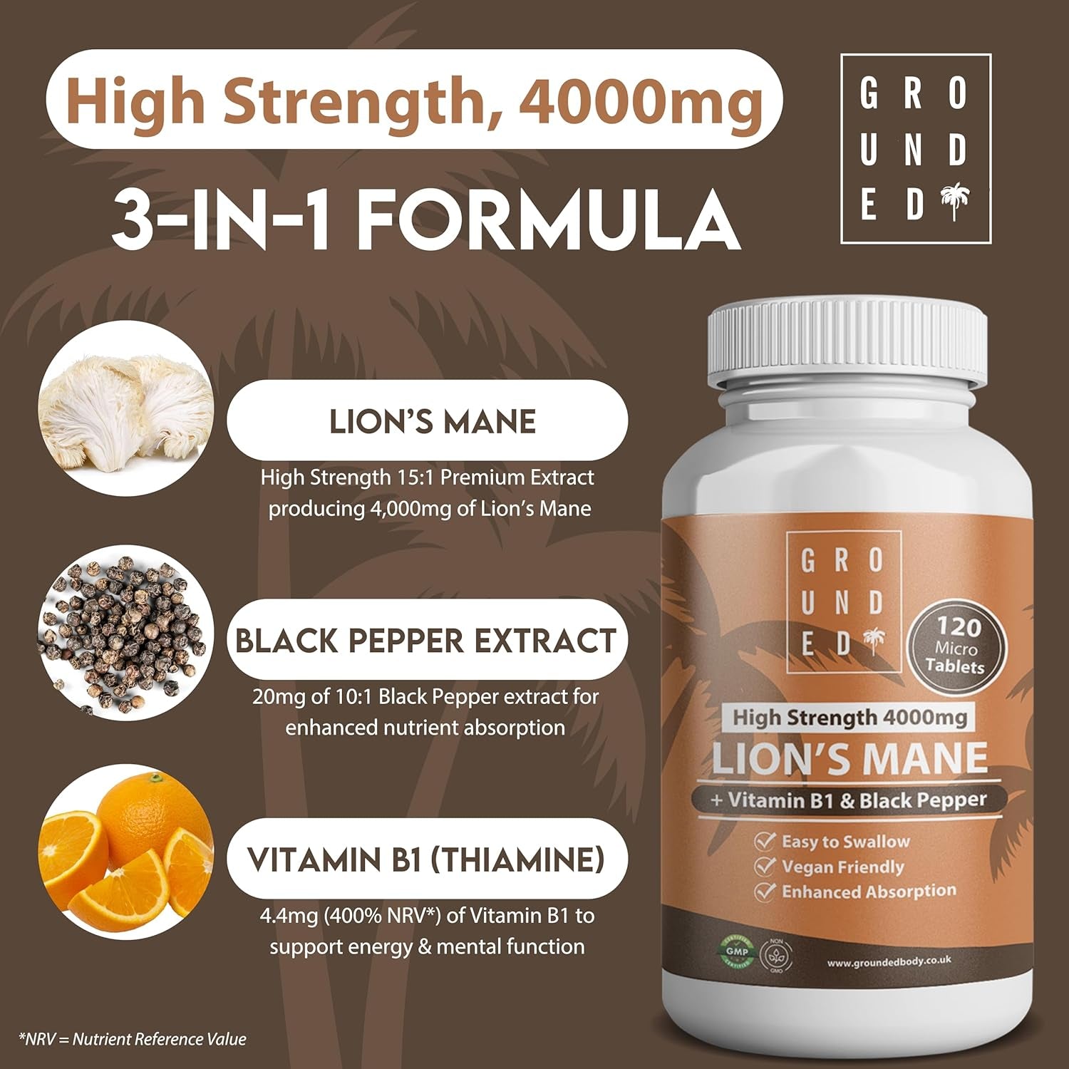 Grounded Lion’S Mane 4,000Mg High Strength 15:1 Extract | 120 Tablets | with Vitamin B1 & Black Pepper for Optimal Absorption | 2 Month Supply. UK Made Mushroom Supplement