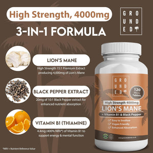 Grounded Lion’S Mane 4,000Mg High Strength 15:1 Extract | 120 Tablets | with Vitamin B1 & Black Pepper for Optimal Absorption | 2 Month Supply. UK Made Mushroom Supplement