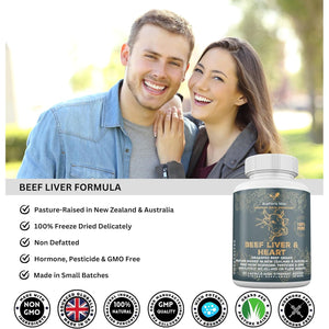 Grass Fed Desiccated Beef Liver & Heart Capsules 2250Mg (120 Pills, 750Mg Each) – Coq10 - Energy - Digestion – Heart - Detoxification Non-Gmo - Freeze Dried - Pasture Raised Undefatted in New Zealand