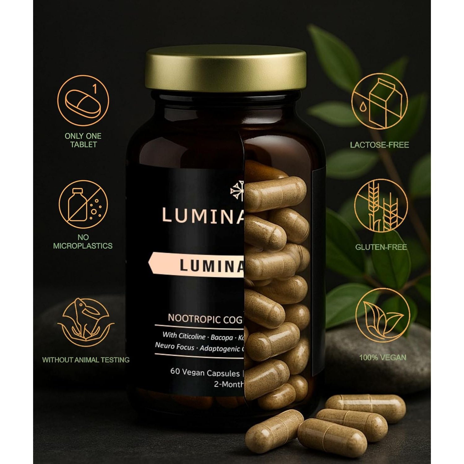Lumina Brain Nootropic Cognitive Complex – 60 Vegan Capsules for Focus & Memory Support with Bacopa, DMAE, L‑Tyrosine, Acetyl‑Carnitine & Citicoline