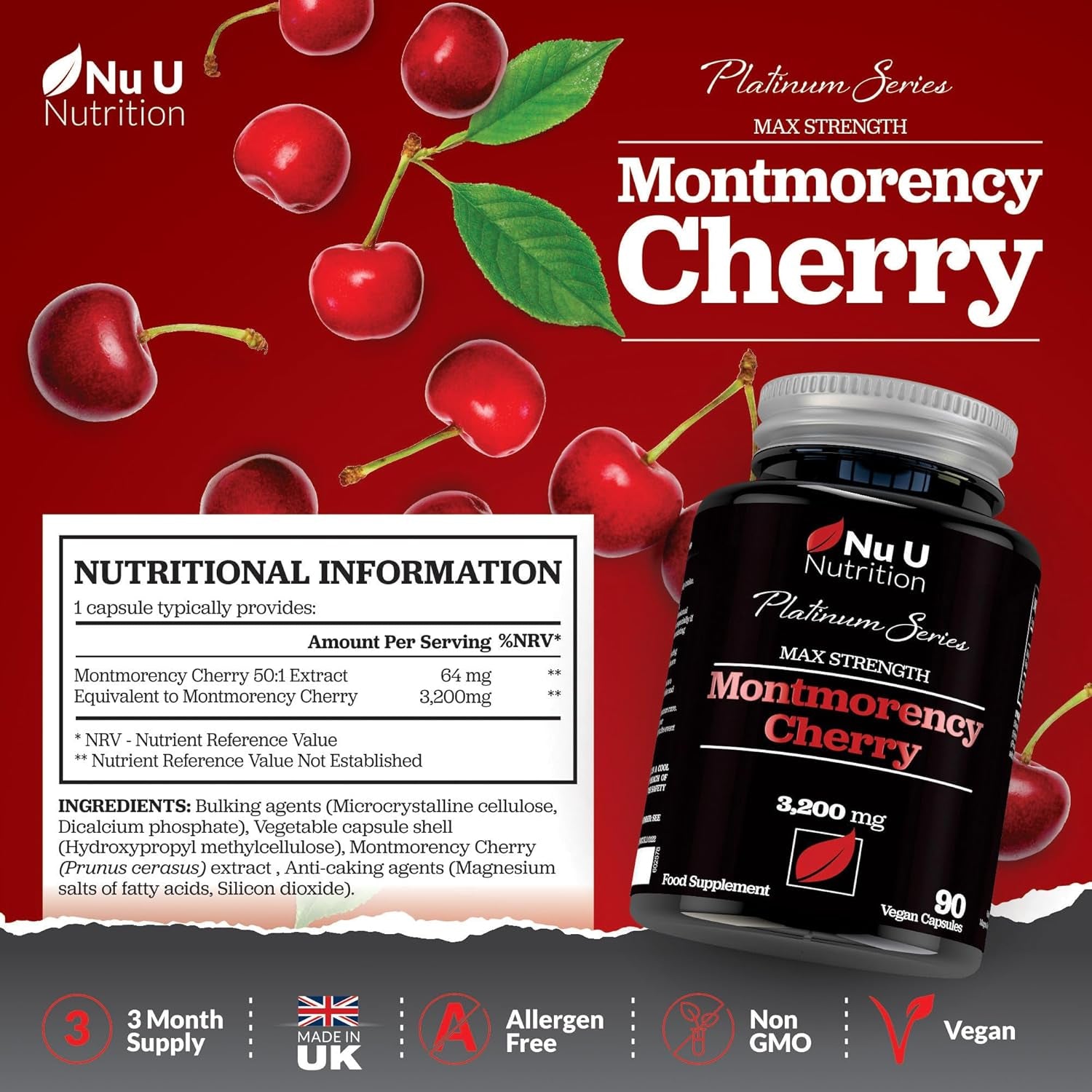 Montmorency Cherry - 90 High Strength Vegan Capsules - Natural Melatonin & Tryptophan Source - 3 Month Supply - 50:1 Tart Cherry Extract Supplement - Made in the UK - Nu U Nutrition