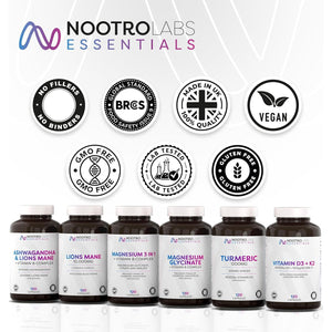 Nootro Labs Essentials Lion'S Mane Capsules (60 Servings), 10000Mg Lions Mane Supplement with Vitamin B Complex to Support Focus and Brain Function