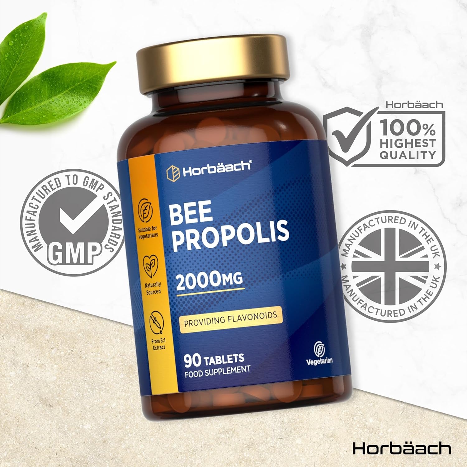 Bee Propolis Tablets 2000Mg | Flavonoids Propolis Supplement | 90 Vegetarian Tablets | High Strength 5:1 Extract | by Horbaach