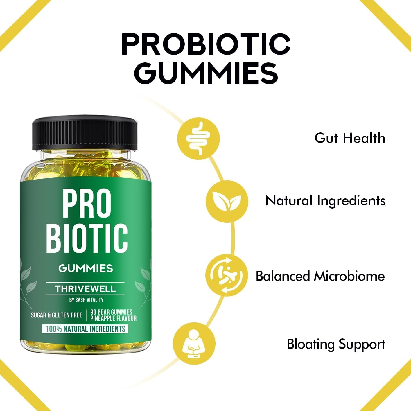 Probiotics Gummies for Adults and Kids - 60 Gummies - Vitamin C, B3, B5, B6 - UK Made Sash Vitality - Gut Health - Immune System Support - Digestive Support - Supports Oral Health (Pineapple Flavour)