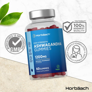 Ashwagandha Gummies 1200Mg | 60 Vegan Gummies | with 5% Withanolides | Natural Raspberry Flavour | by Horbaach