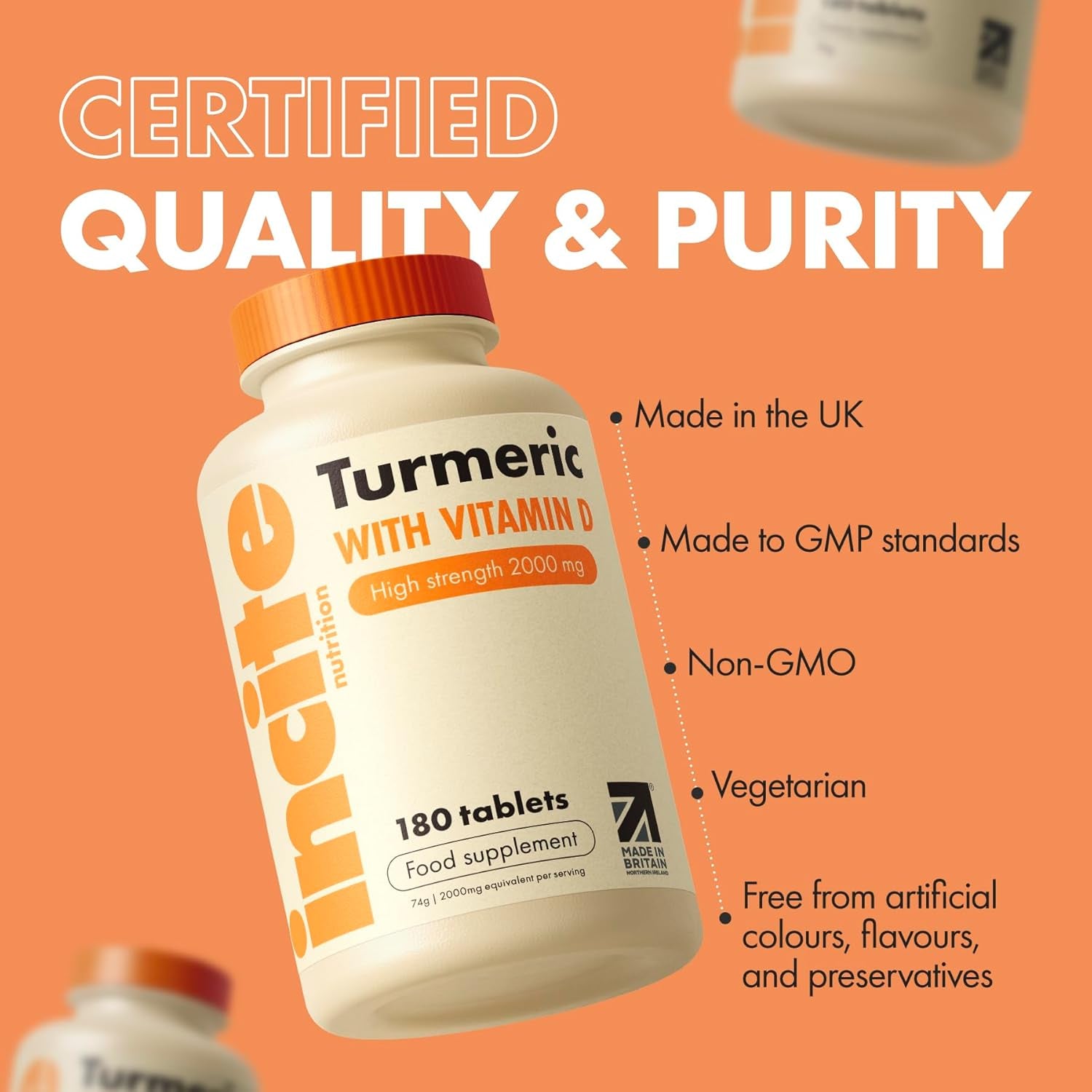 Incite Nutrition Turmeric Tablets 2000 Mg. 3 Month Supply of High Strength Curcumin with Vitamin D. Antioxidant, Anti-Inflammatory, Immune System Support. Non-Gmo and Suitable for Vegetarians