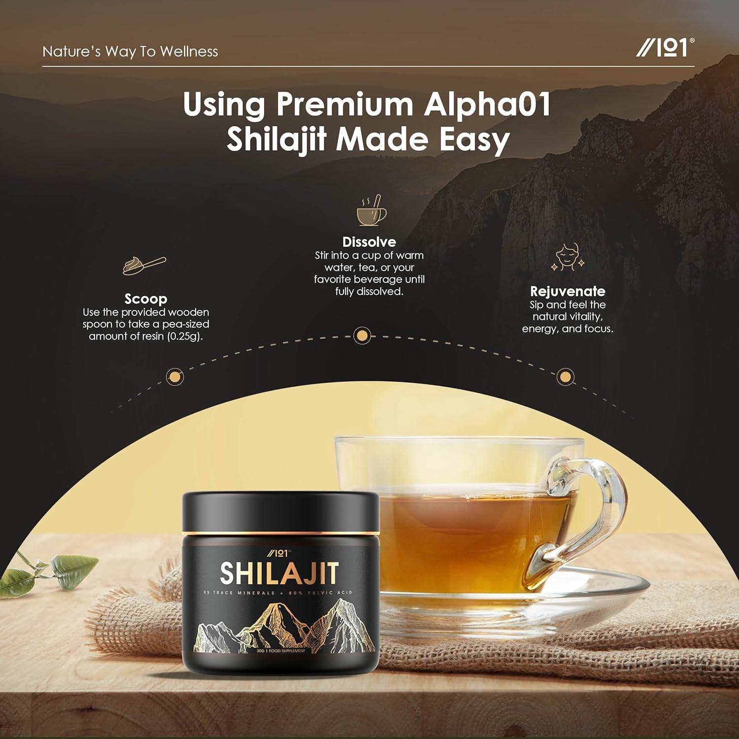 Himalayan Shilajit Resin 30G – Gold Grade 100% Pure Gilgit-Baltistan Source – Rich in 80% Fulvic & Humic Acid, Minerals – by Alpha01