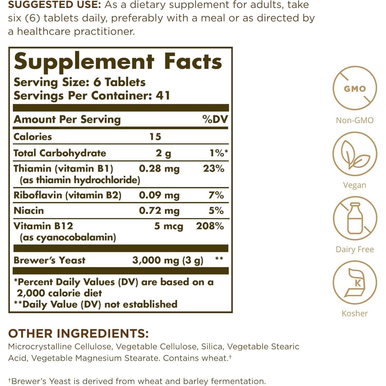 Solgar Brewer'S Yeast with Vitamin B12 Tablets - Rich Source of Protein, Vitamins, Minerals and Acids - Healthy Nervous System - Vegan,250 Count (Pack of 1)